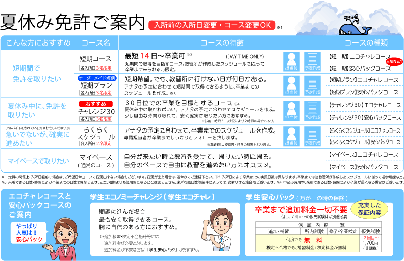 2024年夏休み免許コース　短期コース等その他コースいろいろ